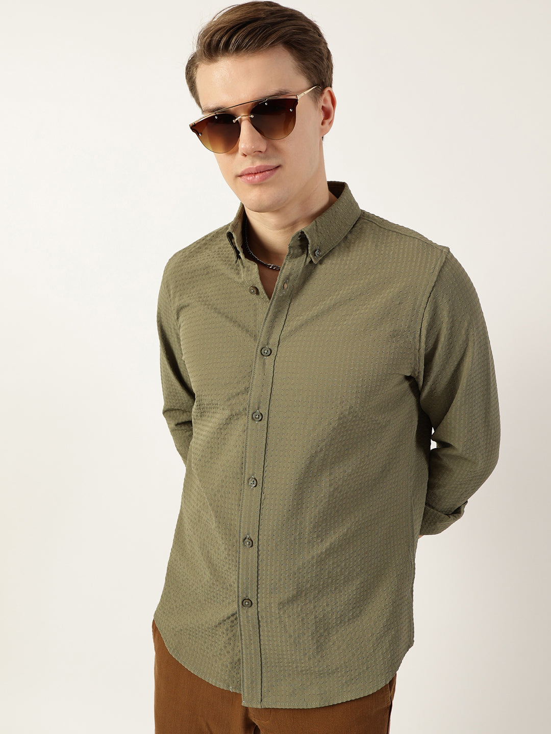 Thomas Scott Men Green Smart Button-Down Collar Textured Slim Fit Casual Shirt