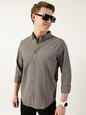 Thomas Scott Men Grey Smart Button-Down Collar Textured Slim Fit Casual Shirt