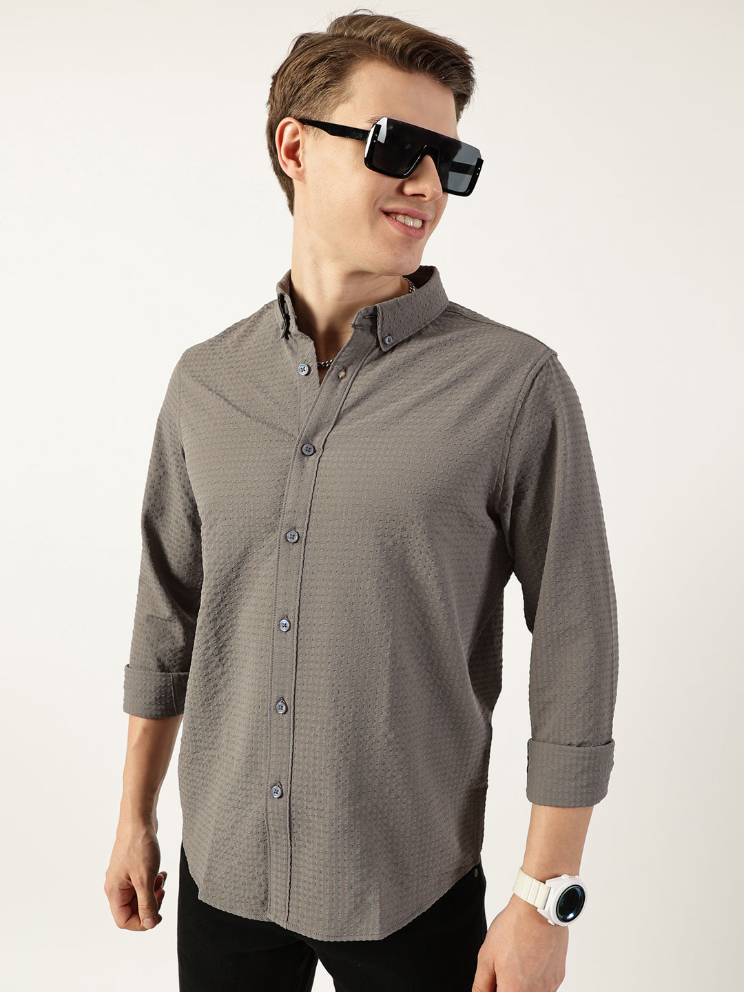 Thomas Scott Men Grey Smart Button-Down Collar Textured Slim Fit Casual Shirt