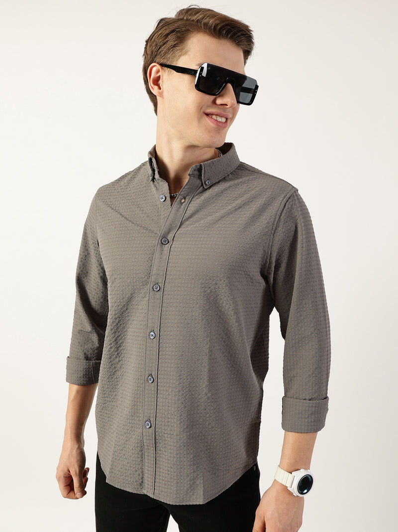 Thomas Scott Men Grey Smart Button-Down Collar Textured Slim Fit Casual Shirt