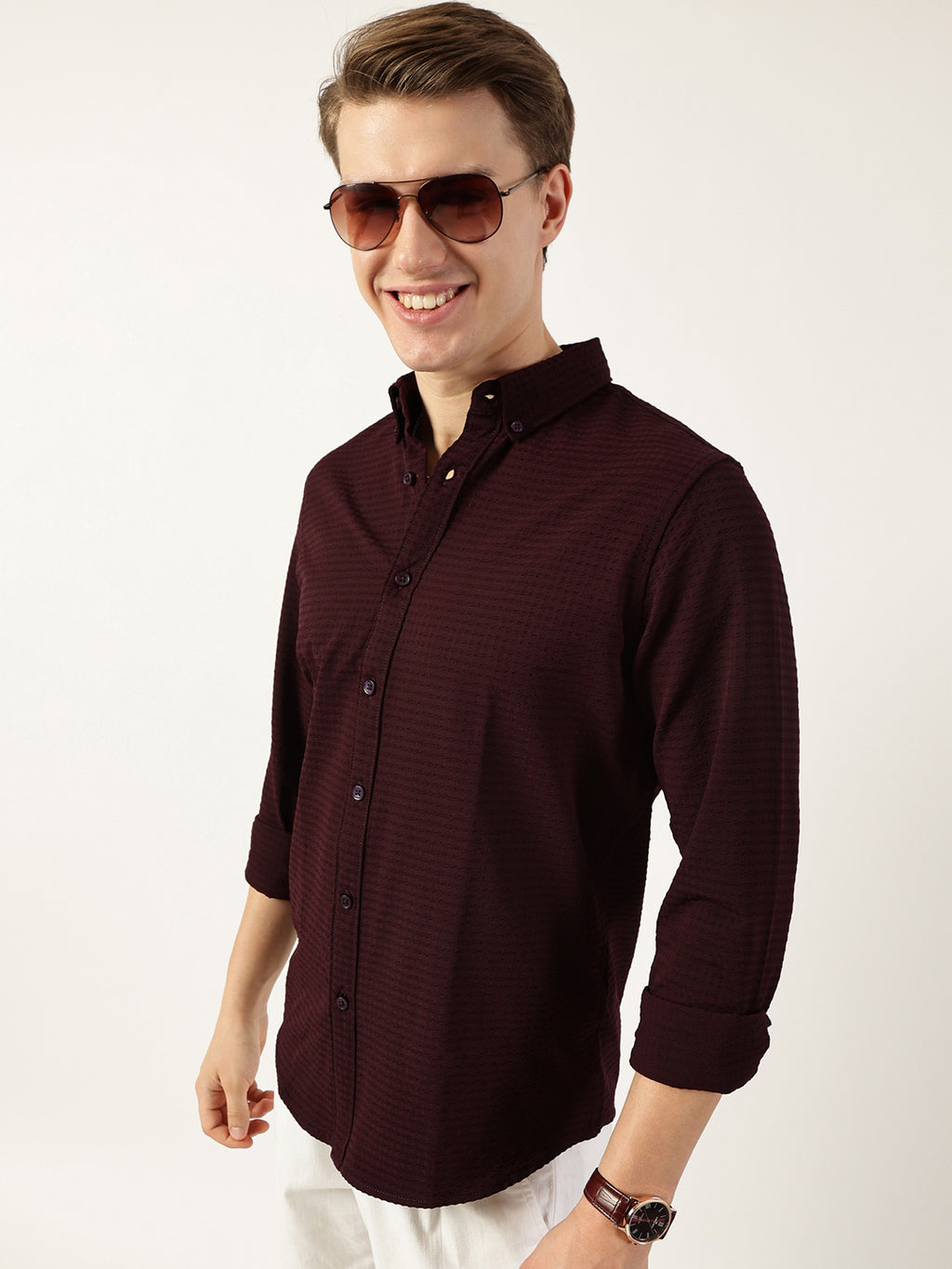 Thomas Scott Men Wine Smart Button-Down Collar Textured Solid Slim Fit Casual Shirt