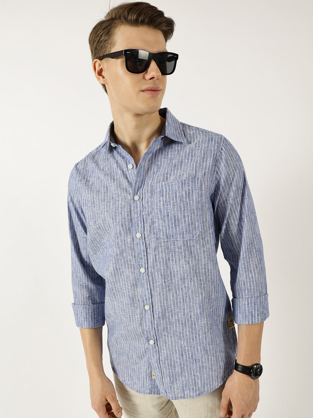 Thomas Scott Men Blue Classic Slim Fit Opaque Striped Casual Shirt