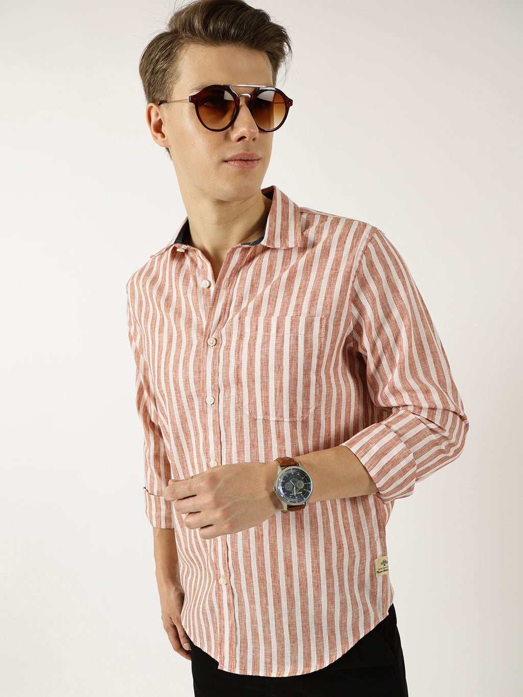 Thomas Scott Men Rust Classic Slim Fit Opaque Striped Casual Shirt