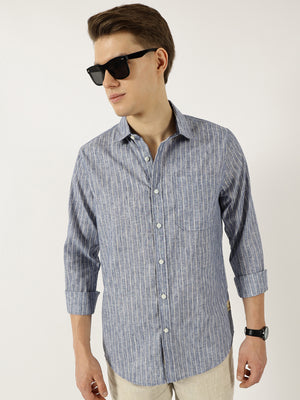 Thomas Scott Men Navy Classic Slim Fit Opaque Striped Casual Shirt