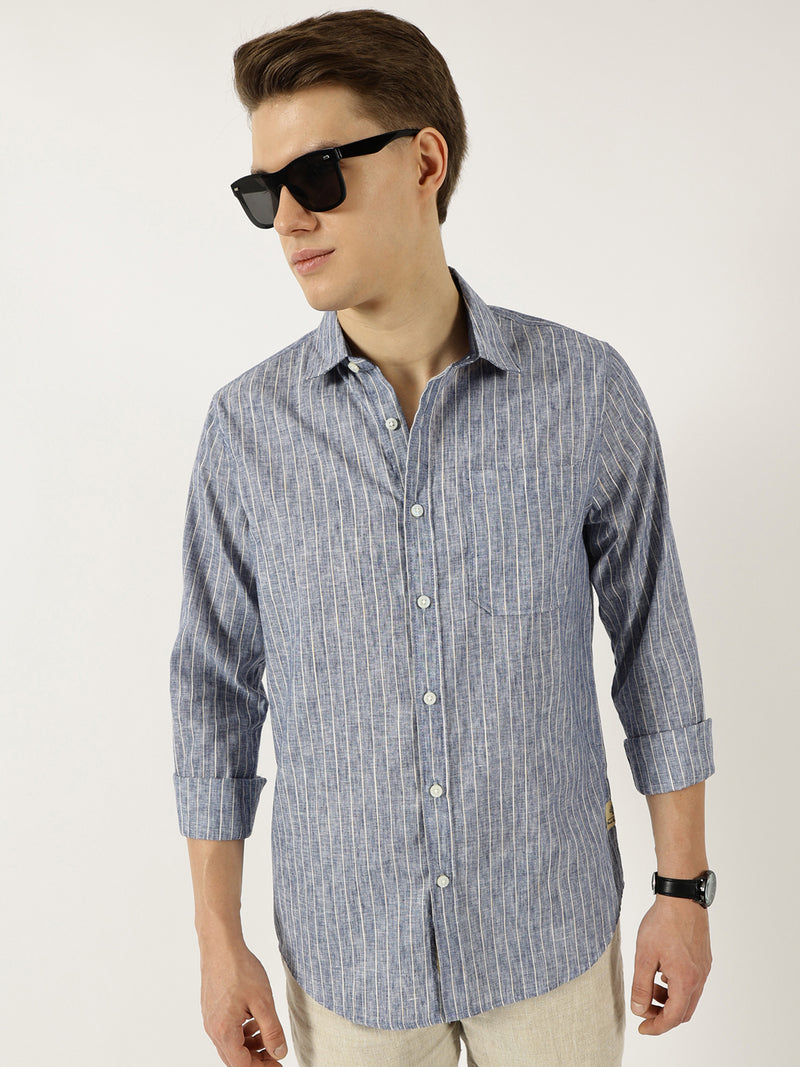 Thomas Scott Men Navy Classic Slim Fit Opaque Striped Casual Shirt