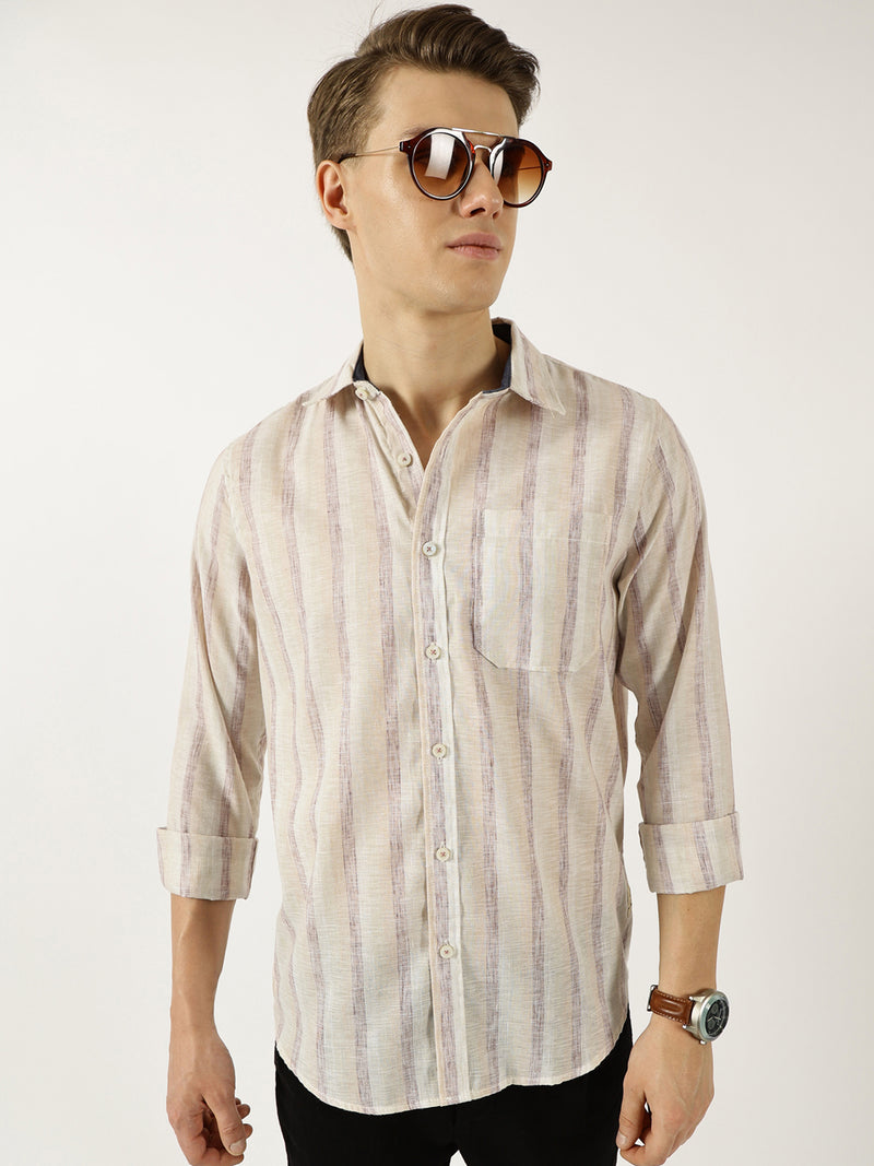 Thomas Scott Men Khaki Classic Spread Collar Vertical Striped Linen Slim Fit Casual Shirt