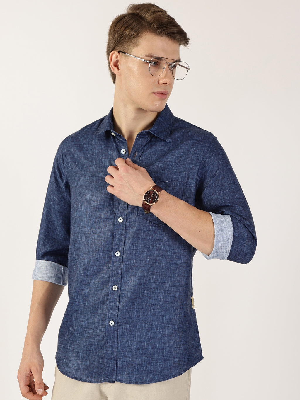 Thomas Scott Men Dark Blue Premium Slim Fit Opaque Casual Shirt