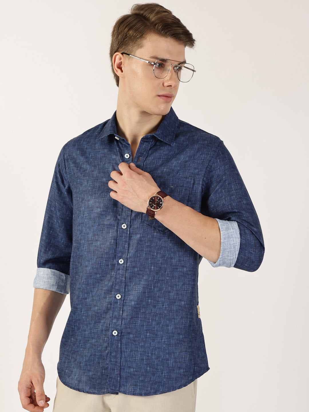Thomas Scott Men Dark Blue Premium Slim Fit Opaque Casual Shirt