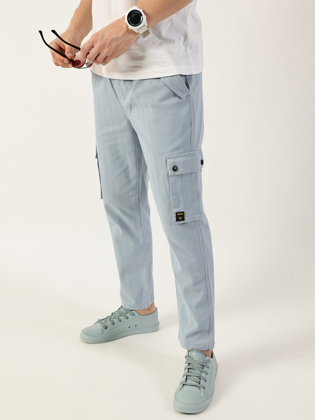 Thomas Scott Men Mid Blue Relaxed Loose Fit Easy Wash Cargos Trousers