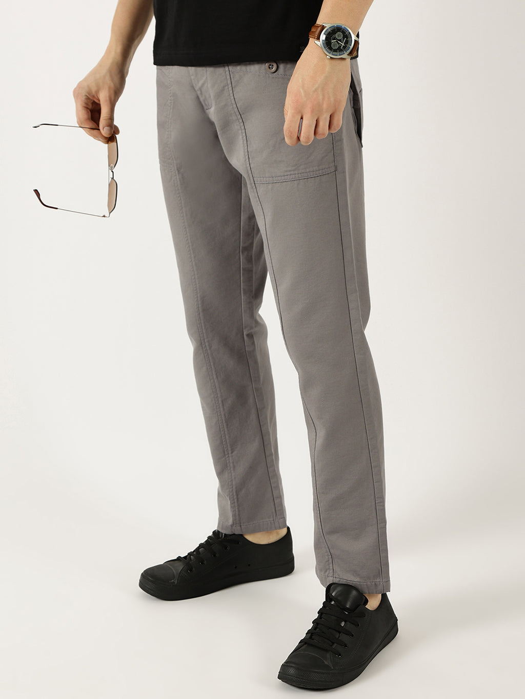 Thomas Scott Men Dark Grey Smart Easy Wash Cargos Trousers