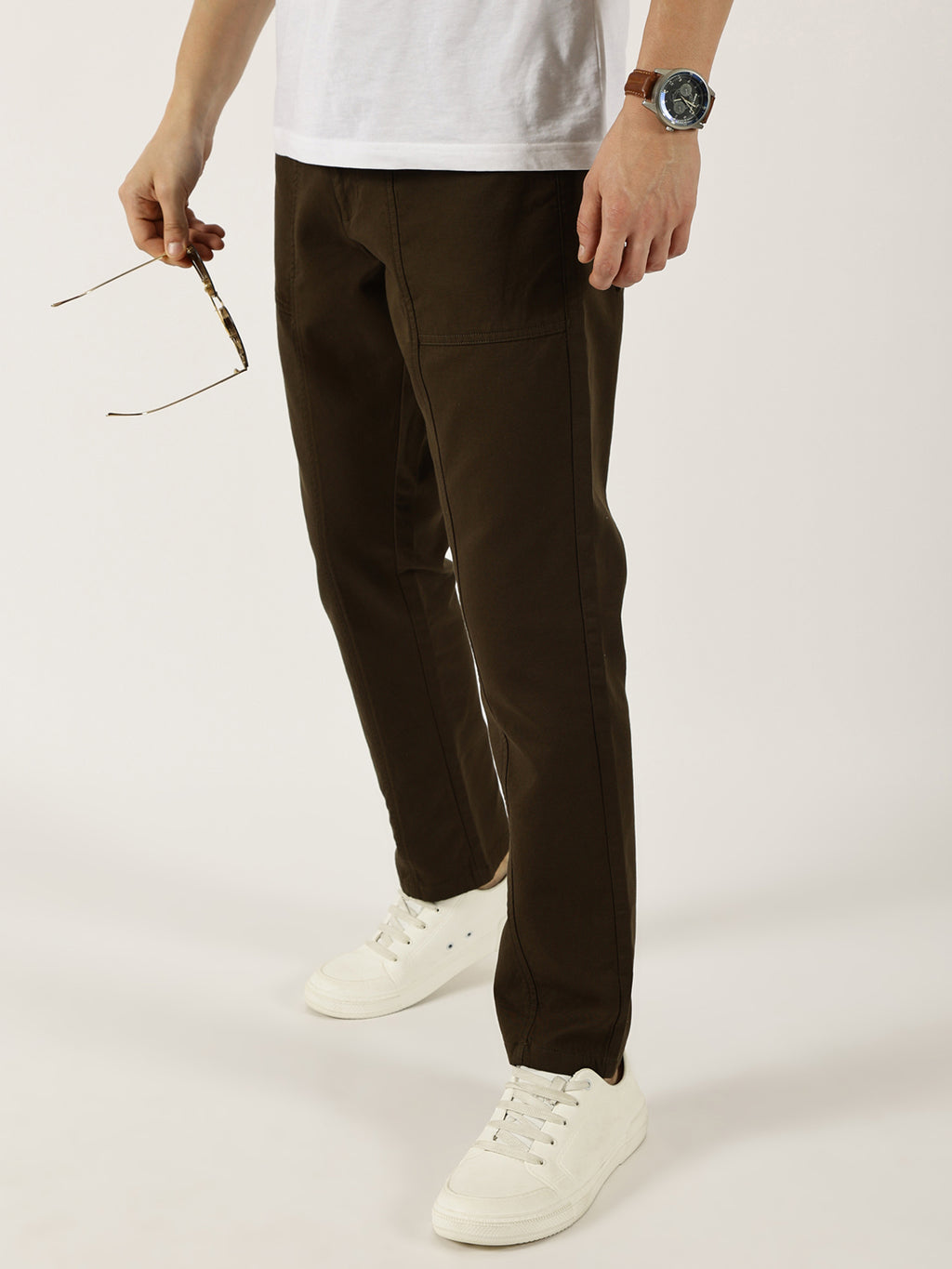 Thomas Scott Men Dark Olive Smart Easy Wash Cargos Trousers