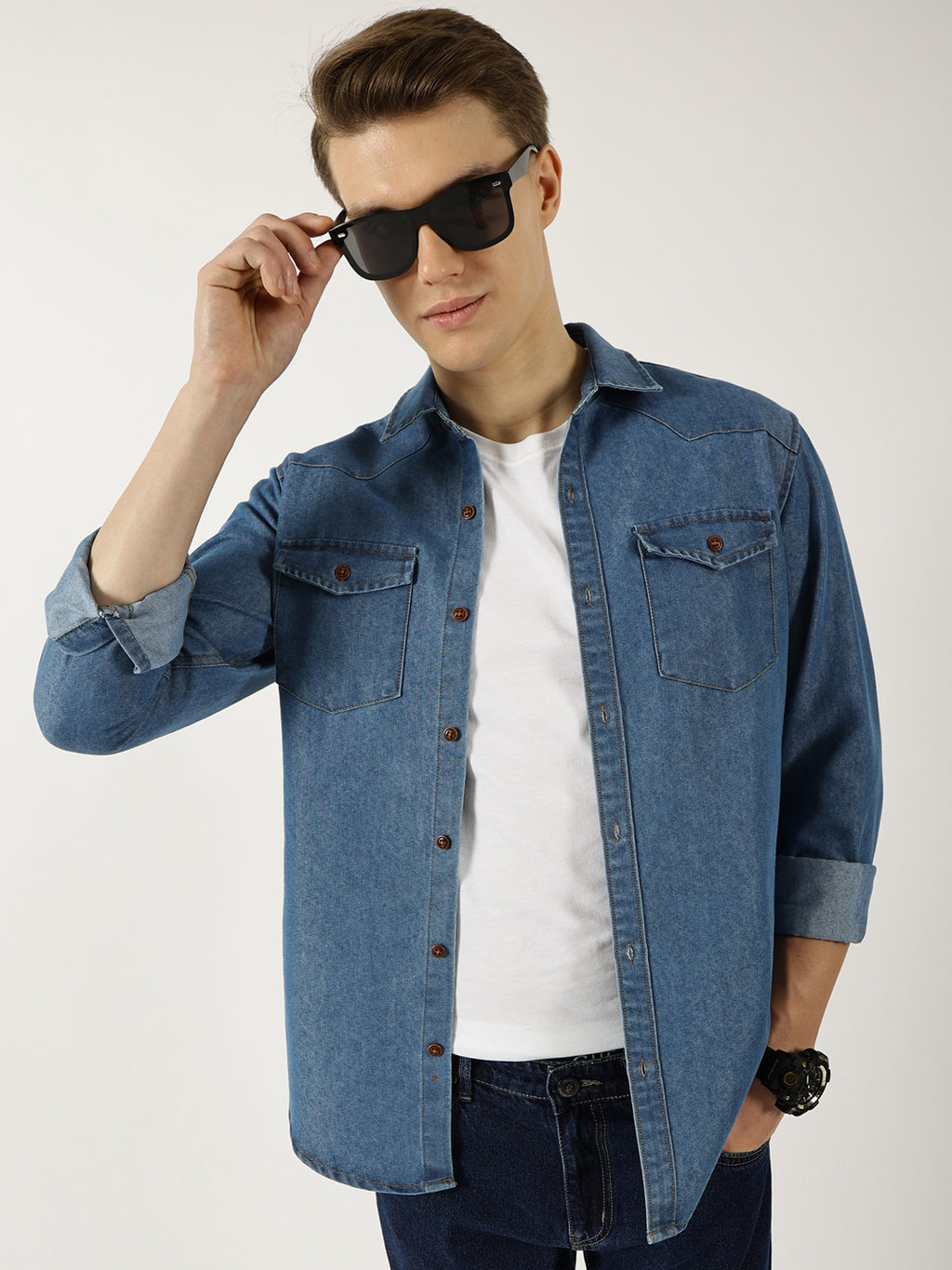 Thomas Scott Men MidBlue Classic Spread Collar Faded Cotton Slim Fit Casual Shirt