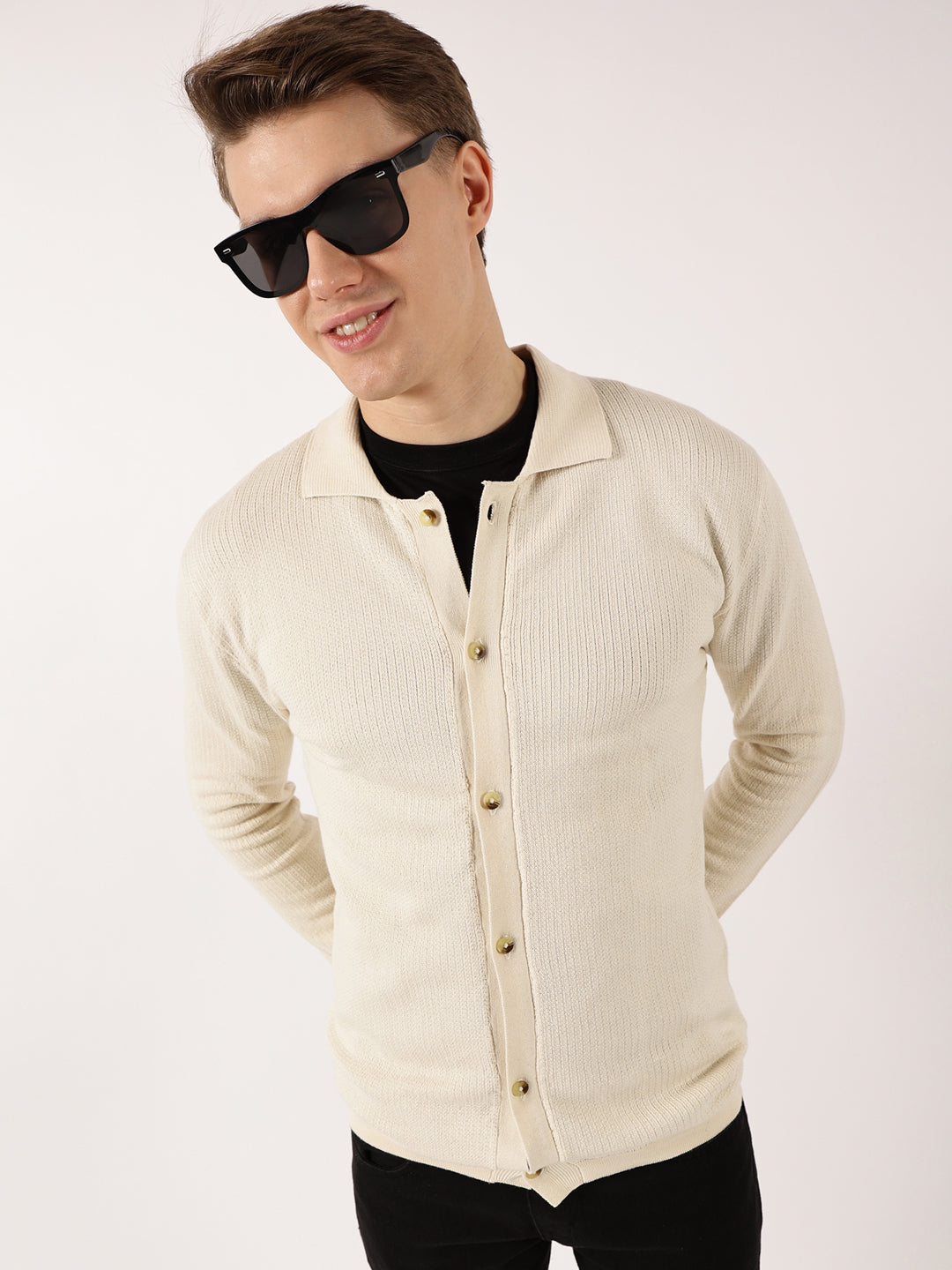 Thomas Scott Men Off White Ribbed Cotton Cardigan