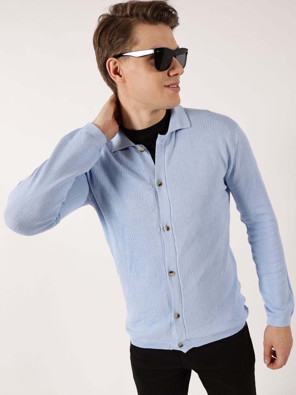 Thomas Scott Men Sky Blue Pure Cotton Ribbed Shirt Collar Cardigan Sweater