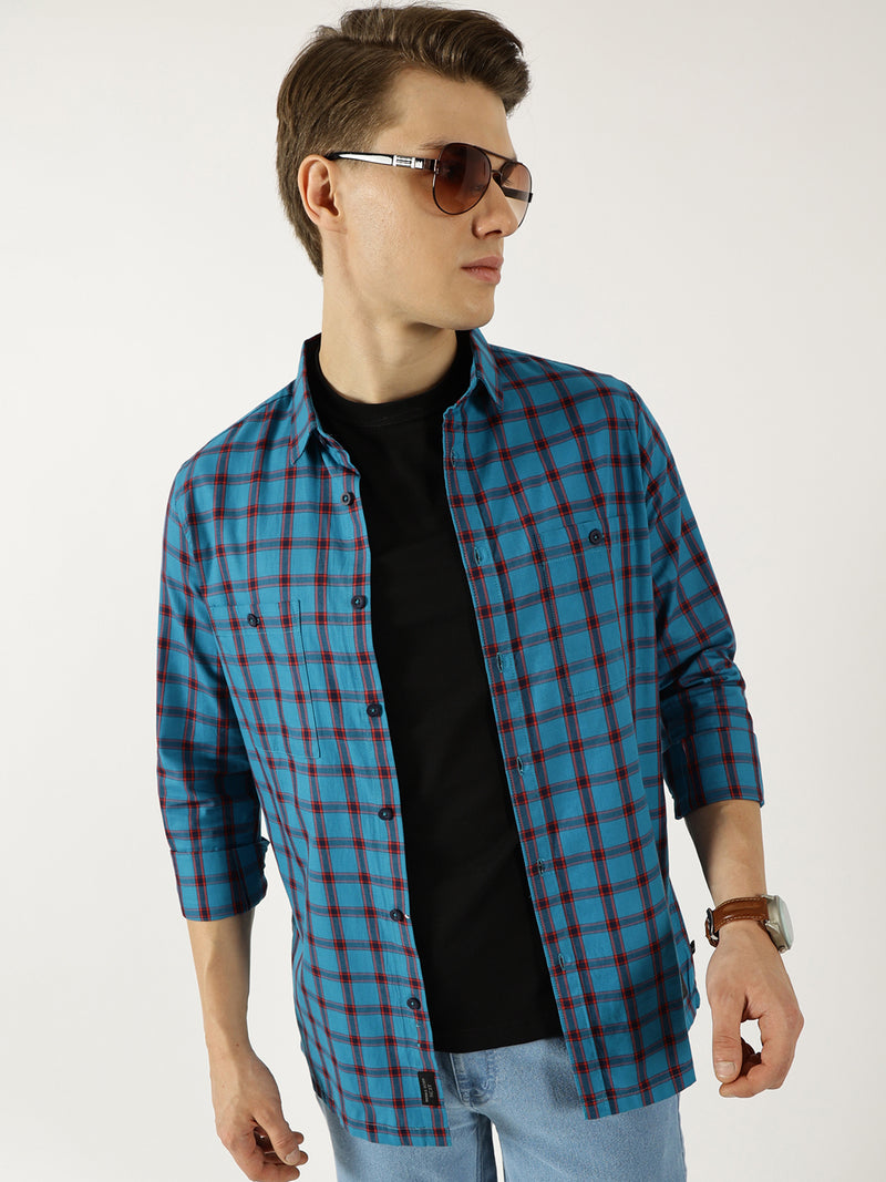 Thomas Scott Men Teal Classic Spread Collar Windowpane Checked Cotton Slim Fit Casual Shirt