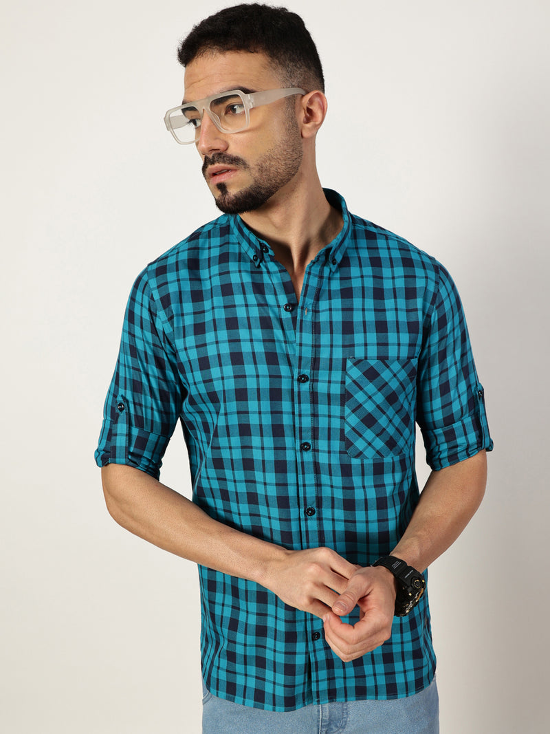 Thomas Scott Men Blue Premium Slim Fit Opaque Checked Casual Shirt