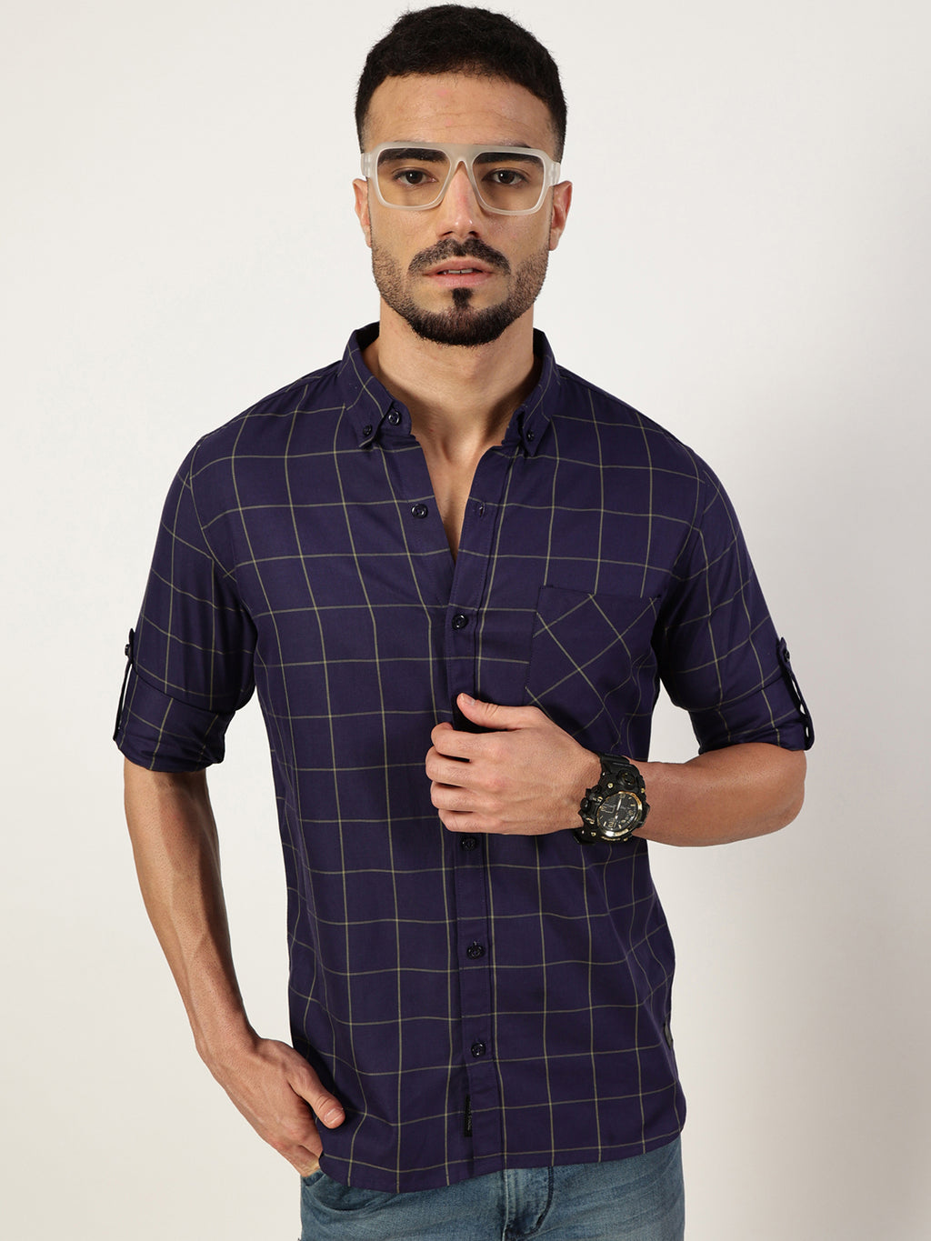 Thomas Scott Men Navy Blue Premium Slim Fit Opaque Checked Casual Shirt