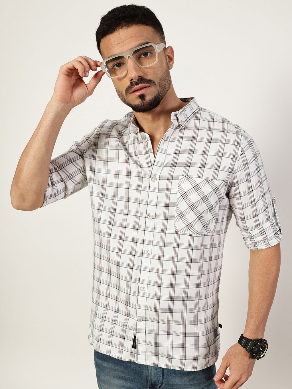Thomas Scott Men White1 Premium Slim Fit Opaque Checked Casual Shirt