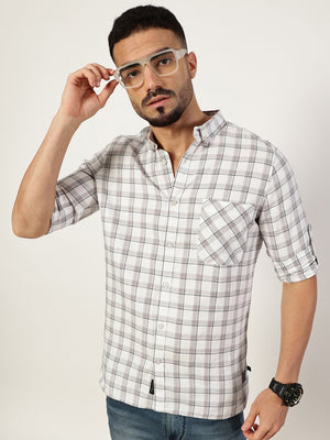 Thomas Scott Men White1 Premium Slim Fit Opaque Checked Casual Shirt