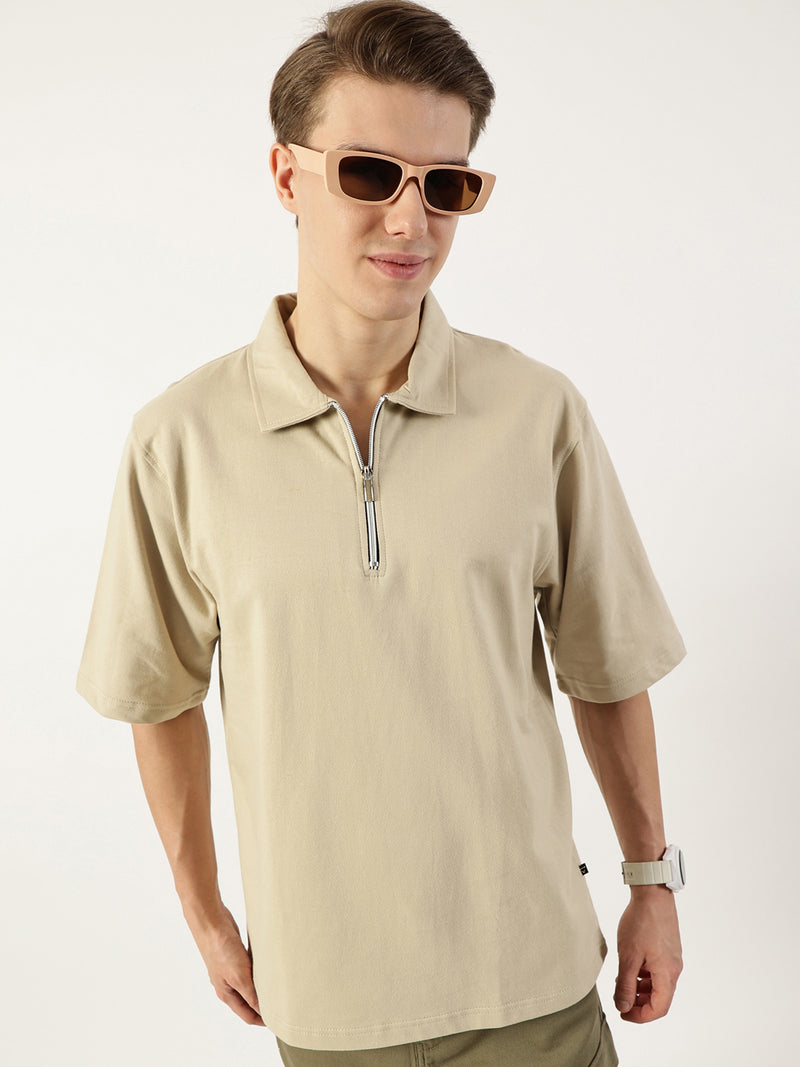 Thomas Scott Men Beige Polo Collar Bio Finish T-shirt