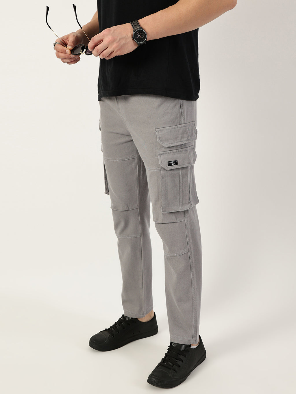 Thomas Scott Men Grey Relaxed Straight Fit Cargos Trousers