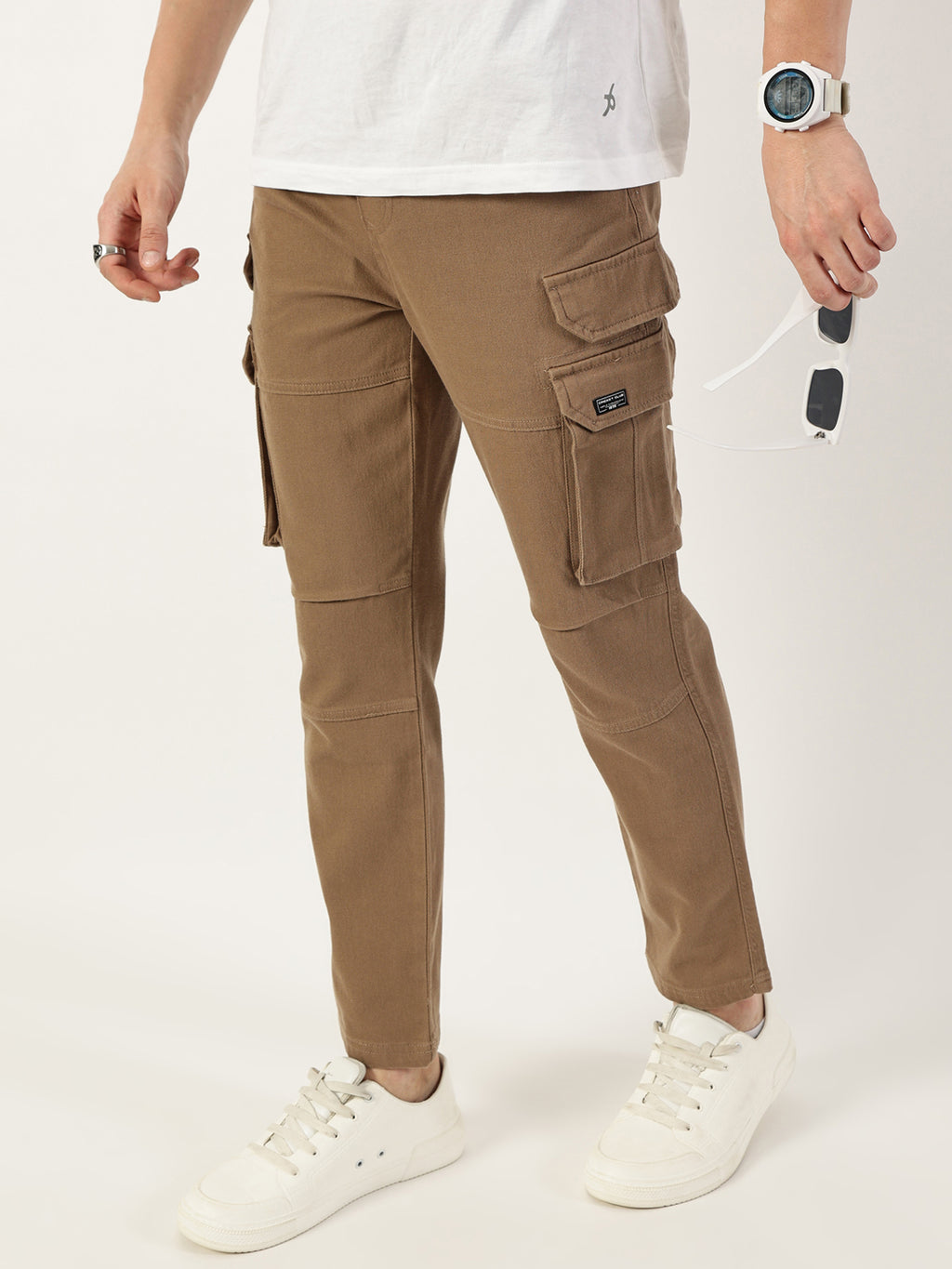 Thomas Scott Men Khaki Relaxed Straight Fit Cargos Trousers
