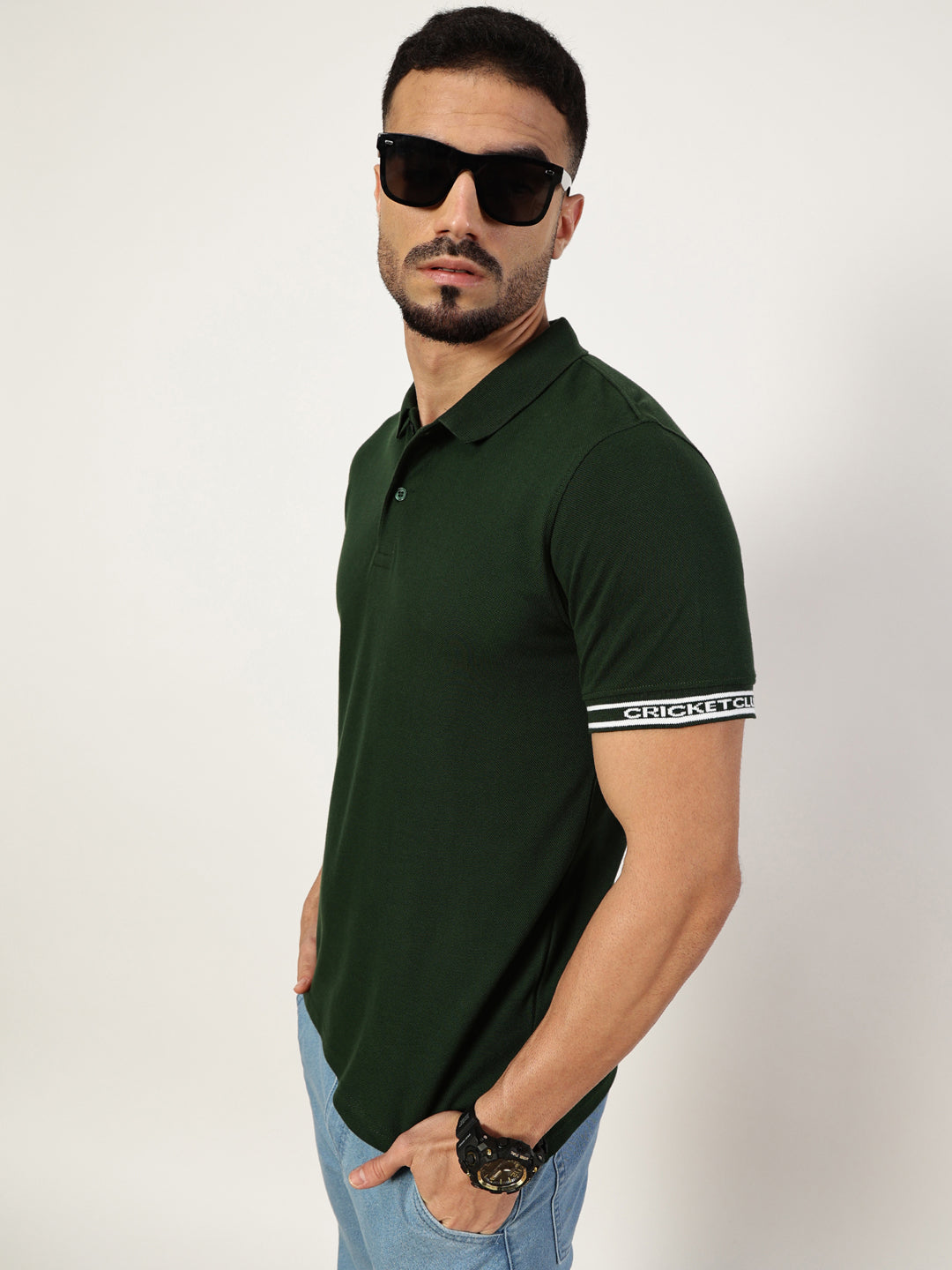 Thomas Scott Men Bottle Green Polo Collar Pockets T-shirt