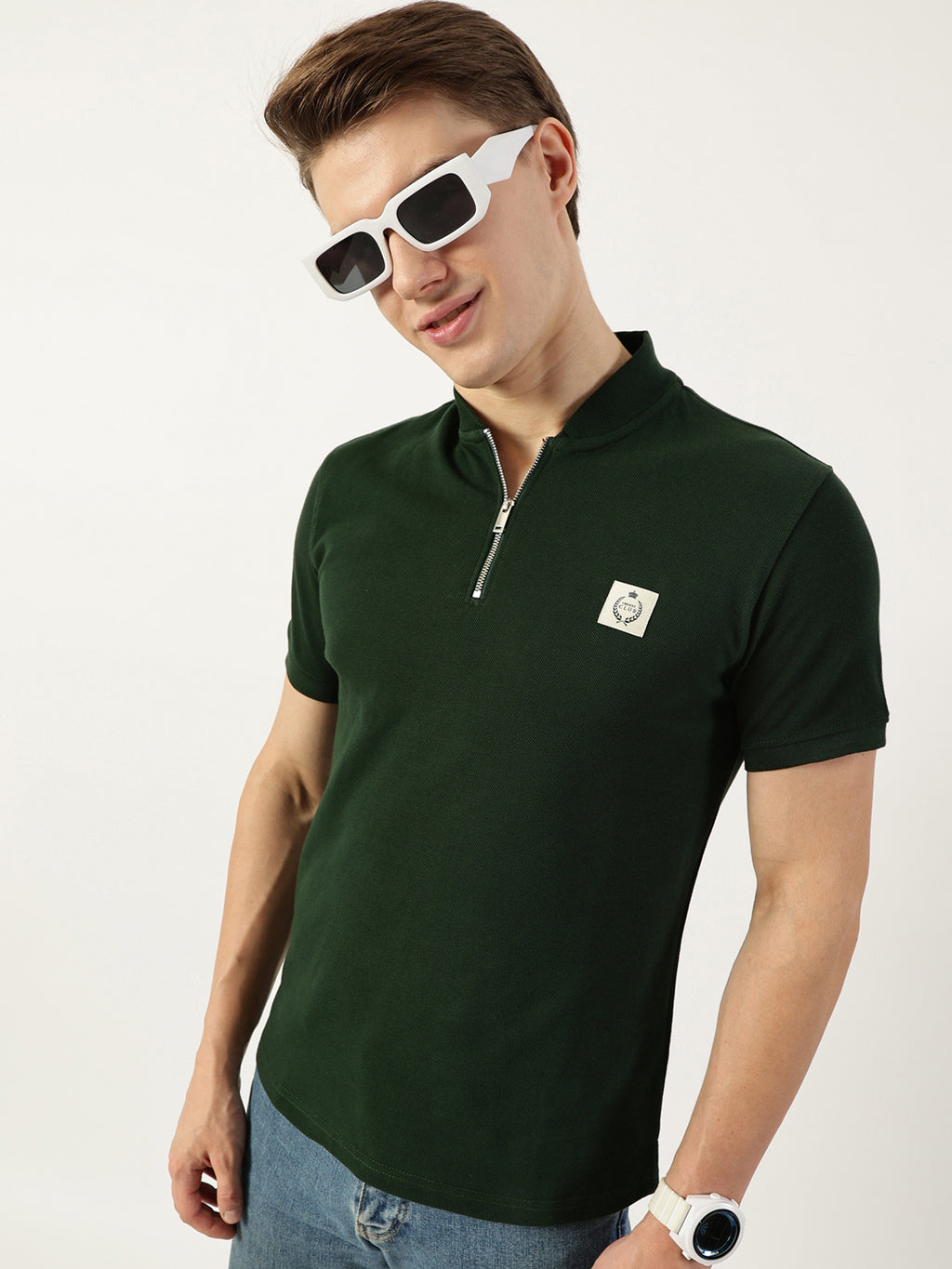 Thomas Scott Men Bottle Green Mandarin Collar T-shirt