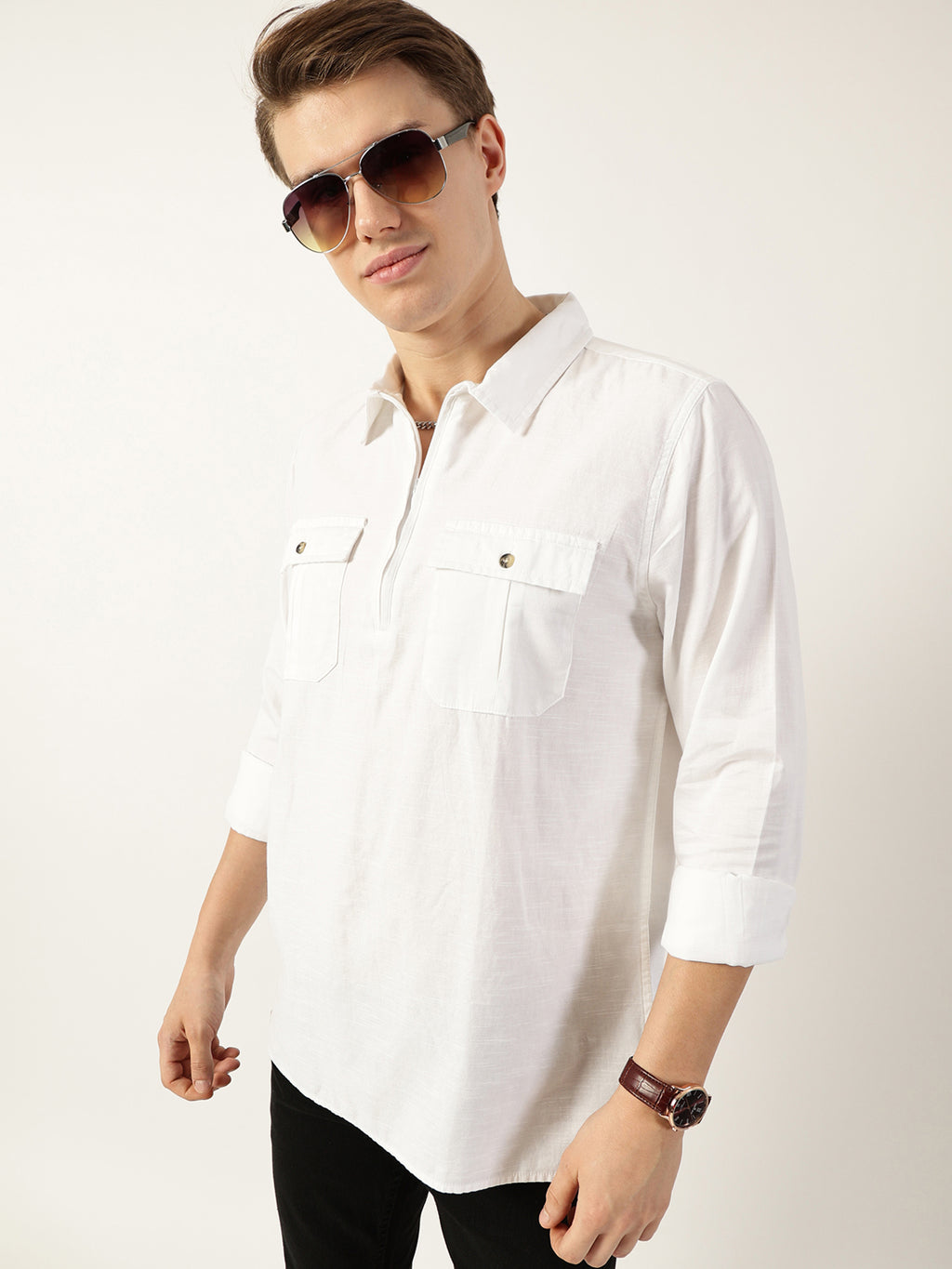 Thomas Scott Men White Classic Spread Collar Solid Cotton Casual Shirt