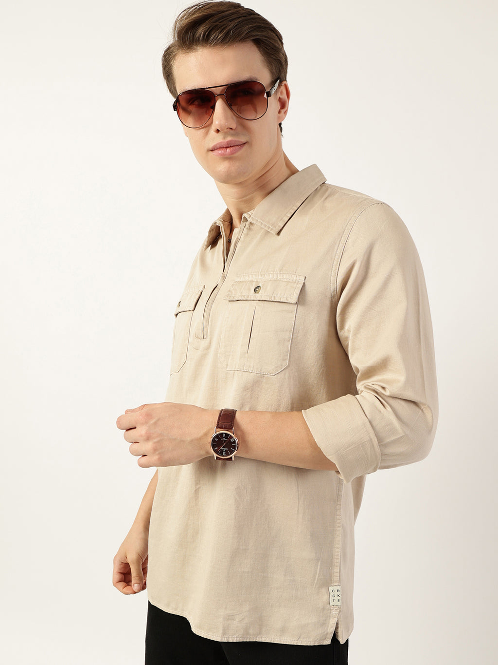Thomas Scott Men Beige Classic Spread Collar Solid Cotton Casual Shirt