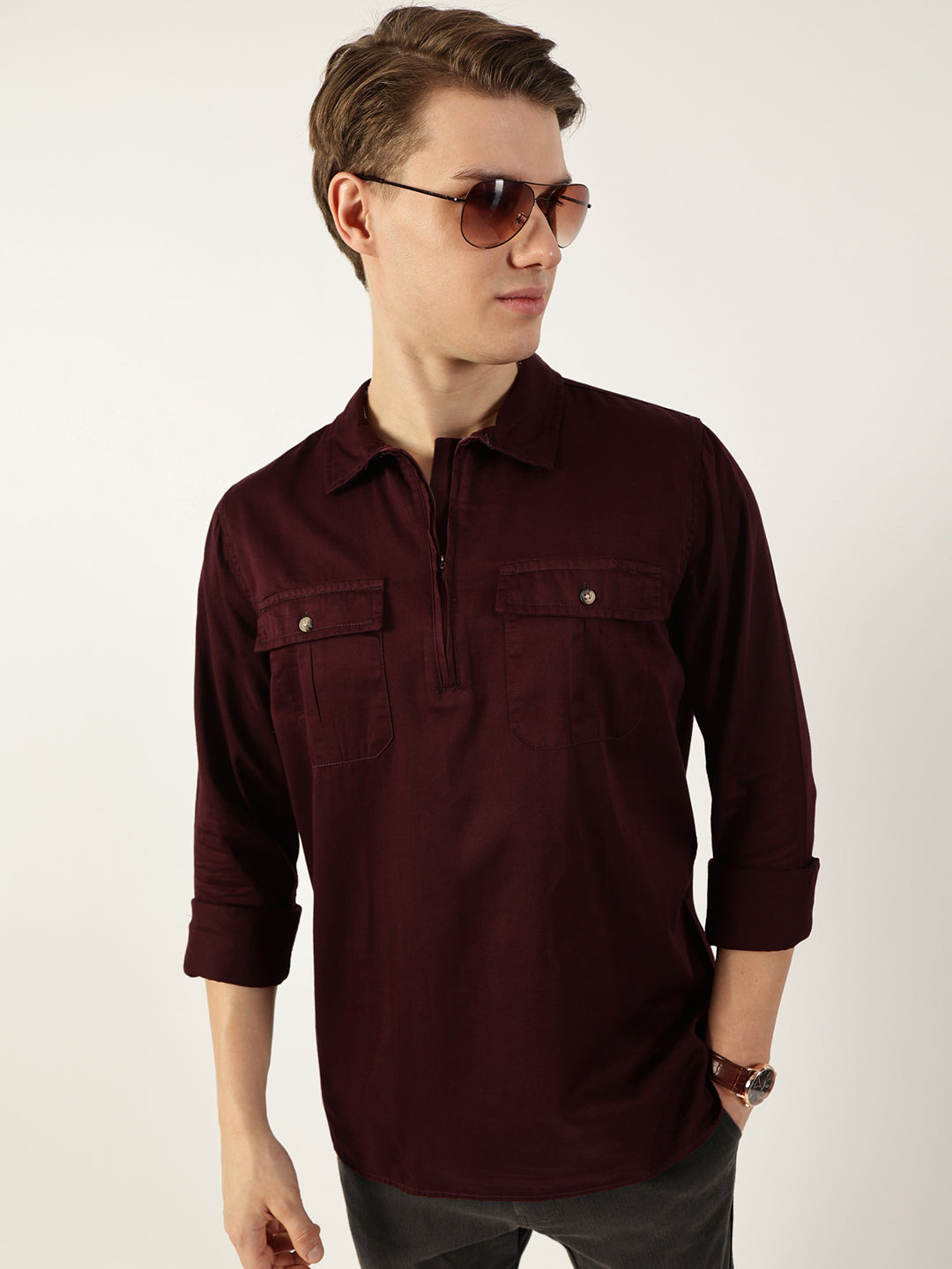 Thomas Scott Men Wine Classic Spread Collar Solid Cotton Casual Shirt