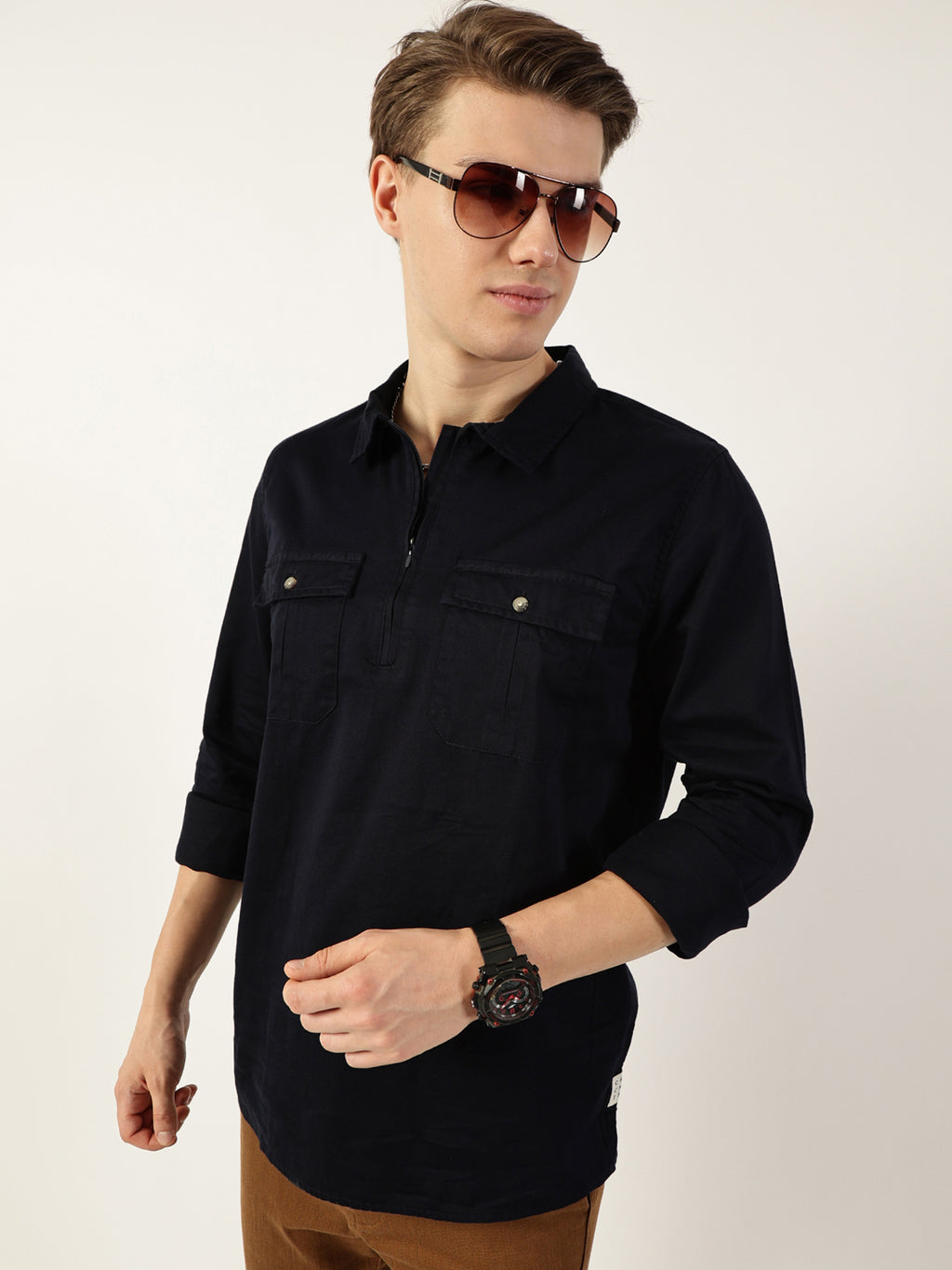 Thomas Scott Men Navy Classic Spread Collar Solid Cotton Casual Shirt