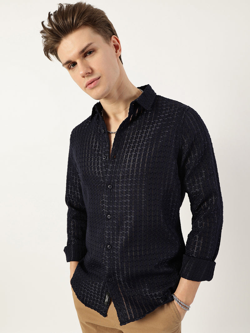 Thomas Scott Men Navy Premium Spread Collar Textured Solid Slim Fit Casual Shirt