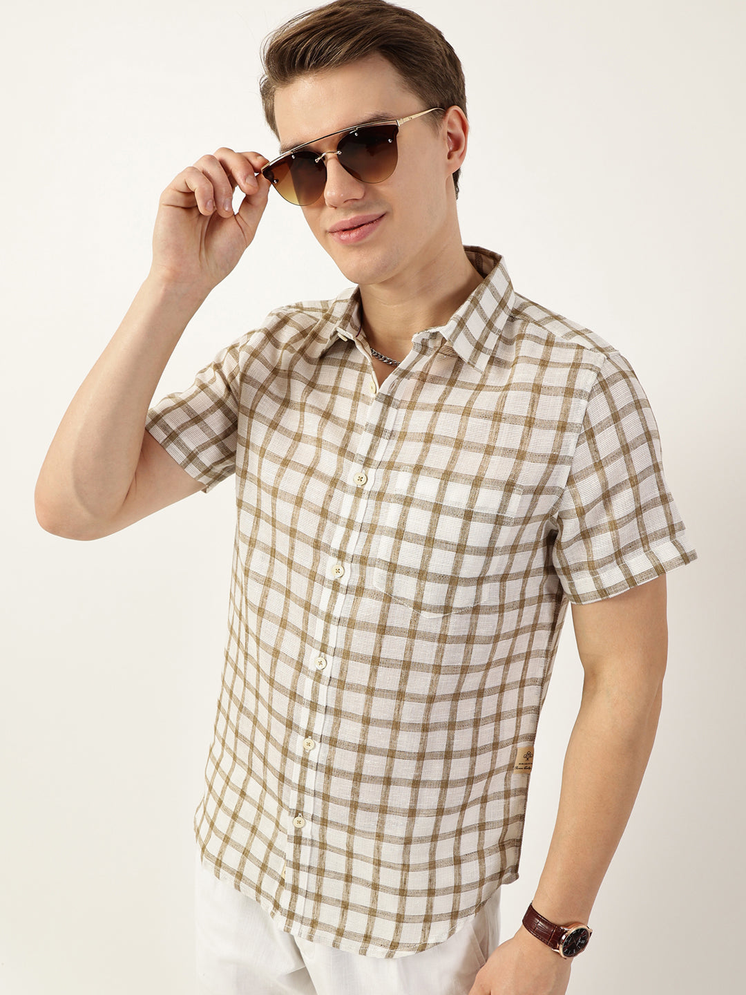 Thomas Scott Men Brown Premium Spread Collar Checked Linen Slim Fit Casual Shirt