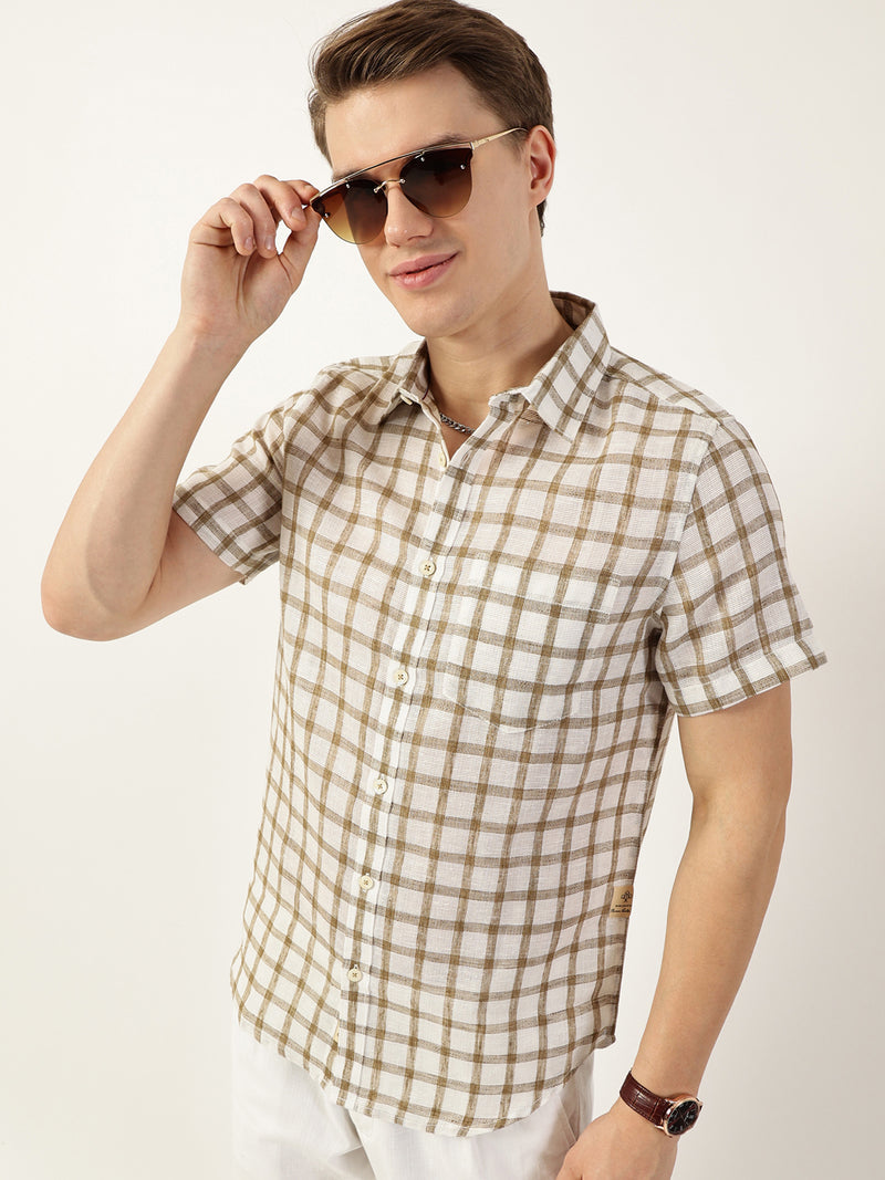 Thomas Scott Men Brown Premium Spread Collar Checked Linen Slim Fit Casual Shirt