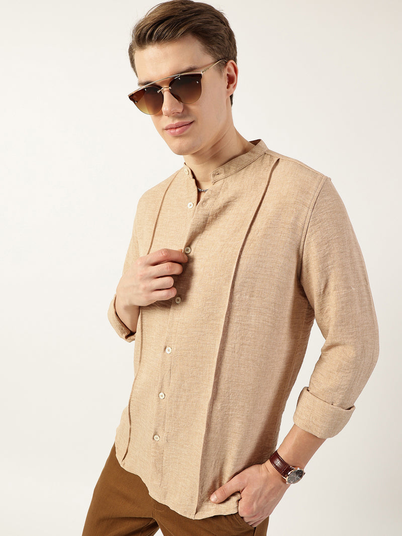 Thomas Scott Men Beige Premium Mandarin Collar Textured Solid Slim Fit Casual Shirt