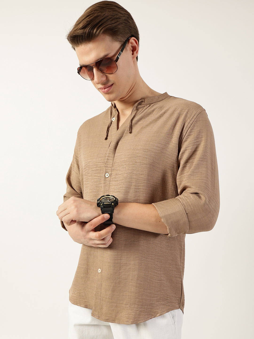 Thomas Scott Men Beige Classic Mandarin Collar Solid Slim Fit Casual Shirt