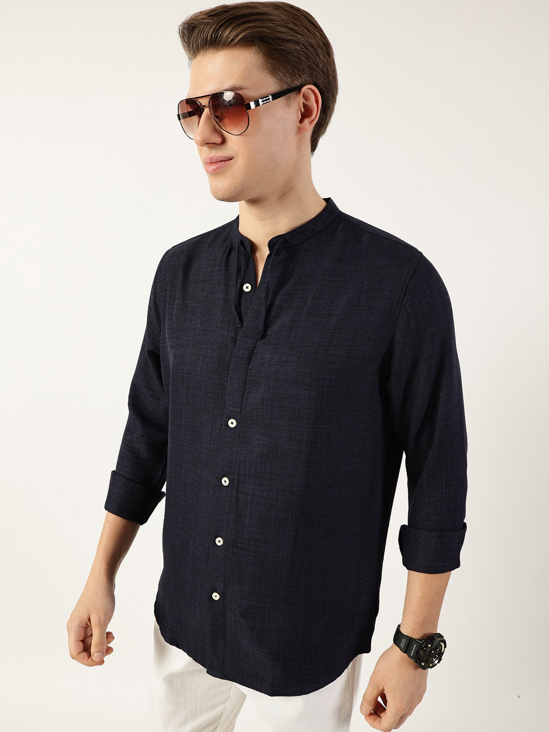 Thomas Scott Men Navy Classic Band Collar Textured Slim Fit Casual Shirt