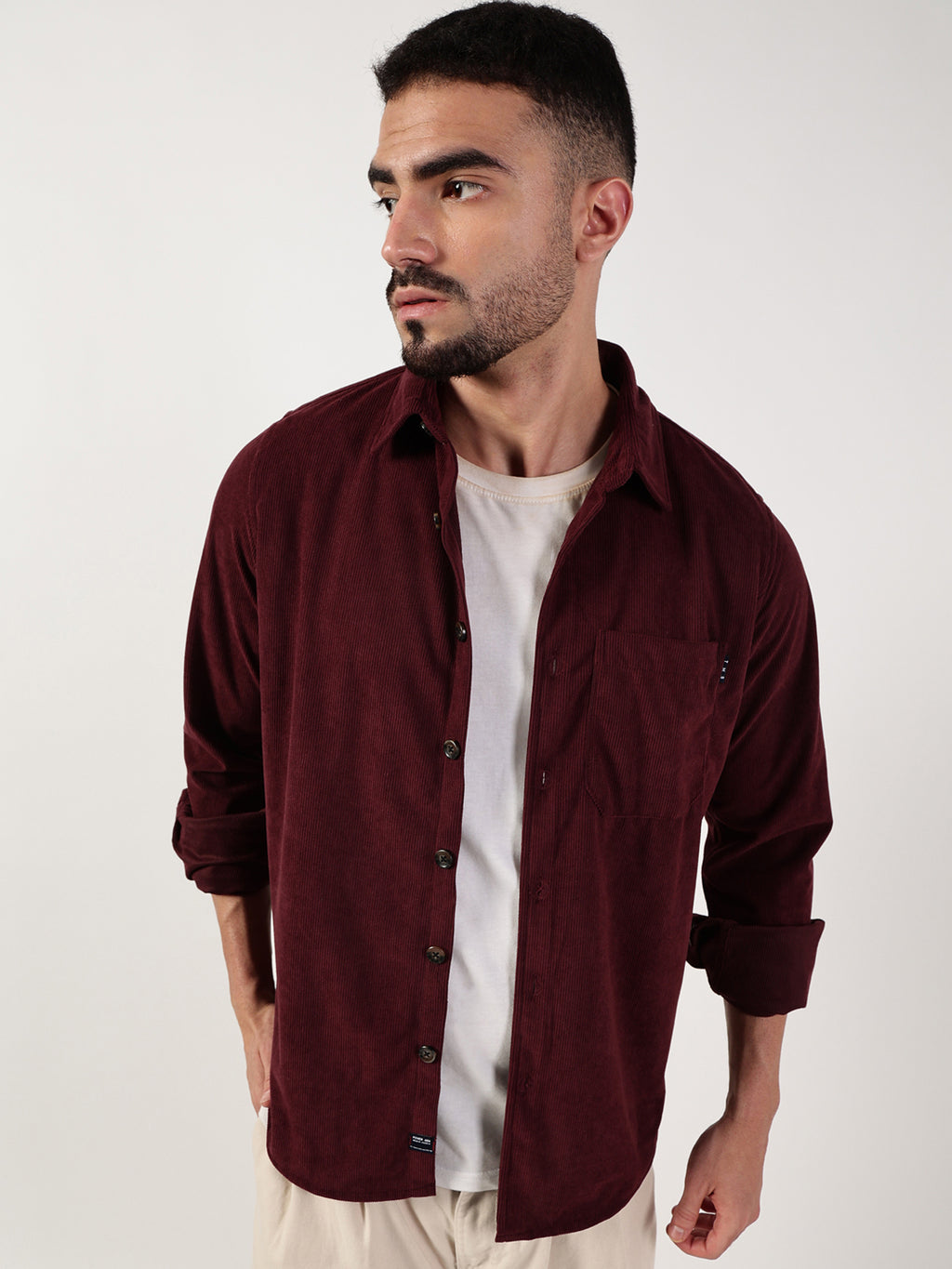 Thomas Scott Men Wine Premium Spread Collar Textured Relaxed Fit Casual Shirt