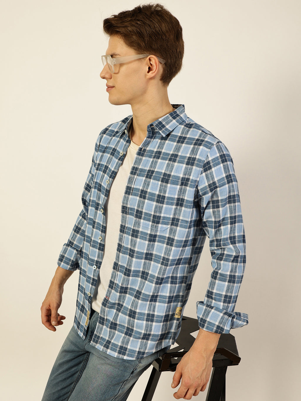 Thomas Scott Men Blue Premium Checked Linen Slim Fit Casual Shirt