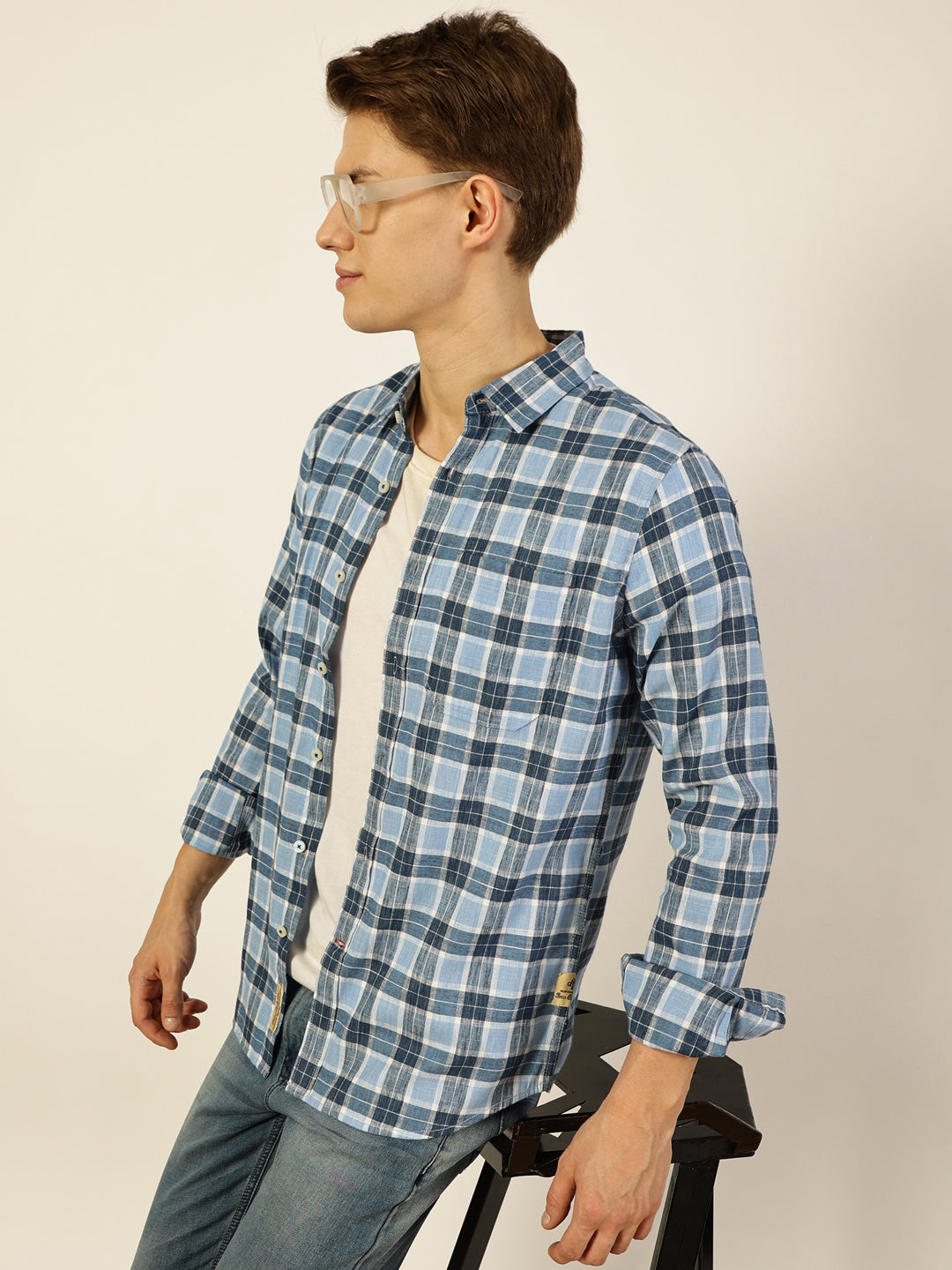 Thomas Scott Men Blue Premium Checked Linen Slim Fit Casual Shirt
