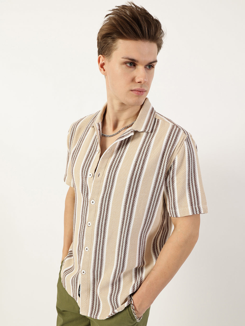 Thomas Scott Men Beige Premium Spread Collar Vertical Striped Cotton Oversized Casual Shirt