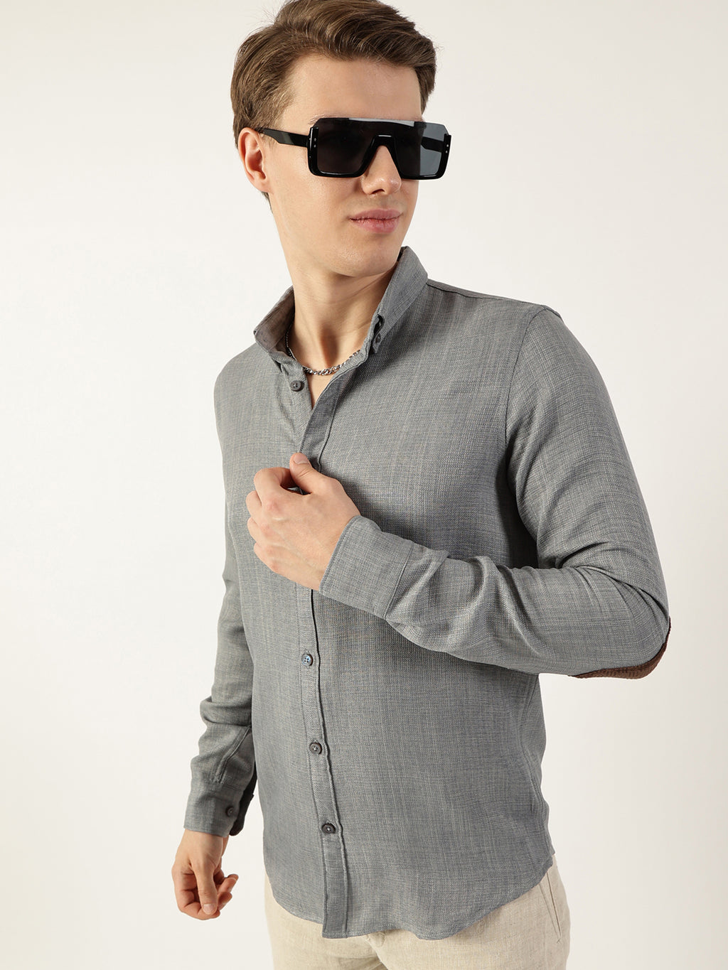 Thomas Scott Men Grey Classic Button-Down Collar Solid Slim Fit Casual Shirt