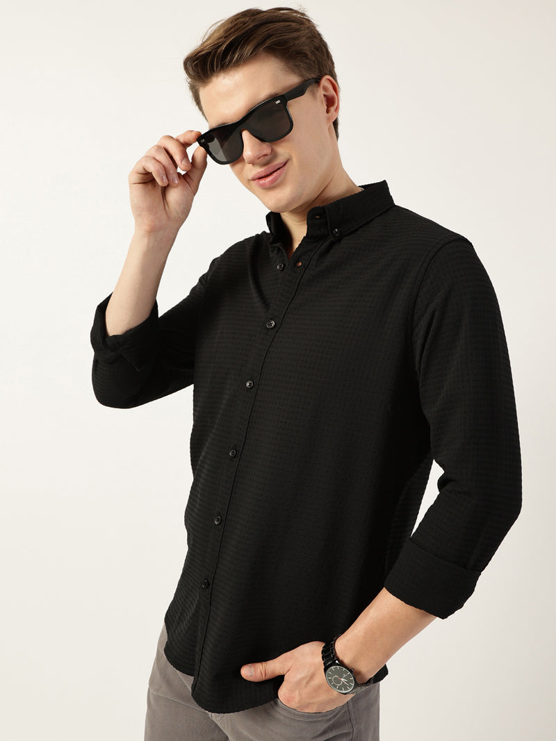 Thomas Scott Men Black Smart Button-Down Collar Textured Solid Slim Fit Casual Shirt