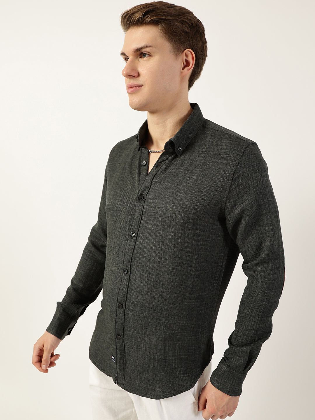 Thomas Scott Men Olive Classic Button-Down Collar Solid Slim Fit Casual Shirt