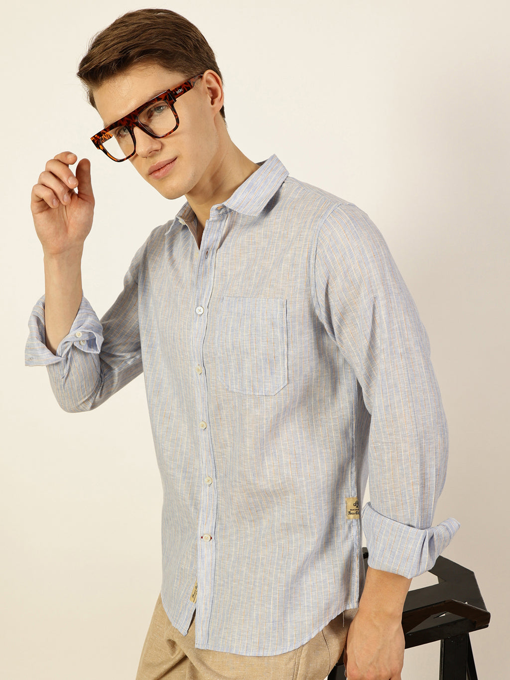 Thomas Scott Men Sky Blue Premium Striped Linen Slim Fit Casual Shirt