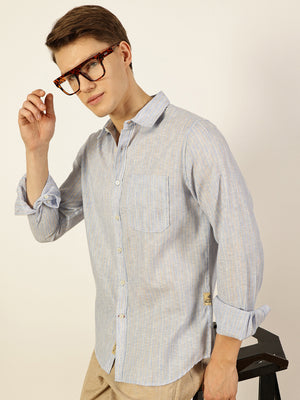 Thomas Scott Men Sky Blue Premium Striped Linen Slim Fit Casual Shirt