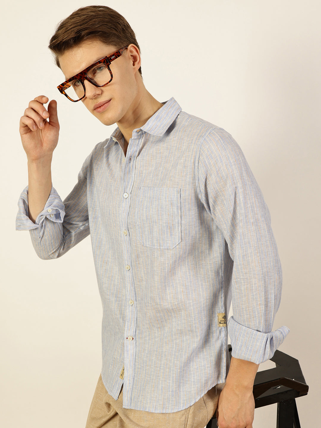Thomas Scott Men Sky Blue Premium Striped Linen Slim Fit Casual Shirt