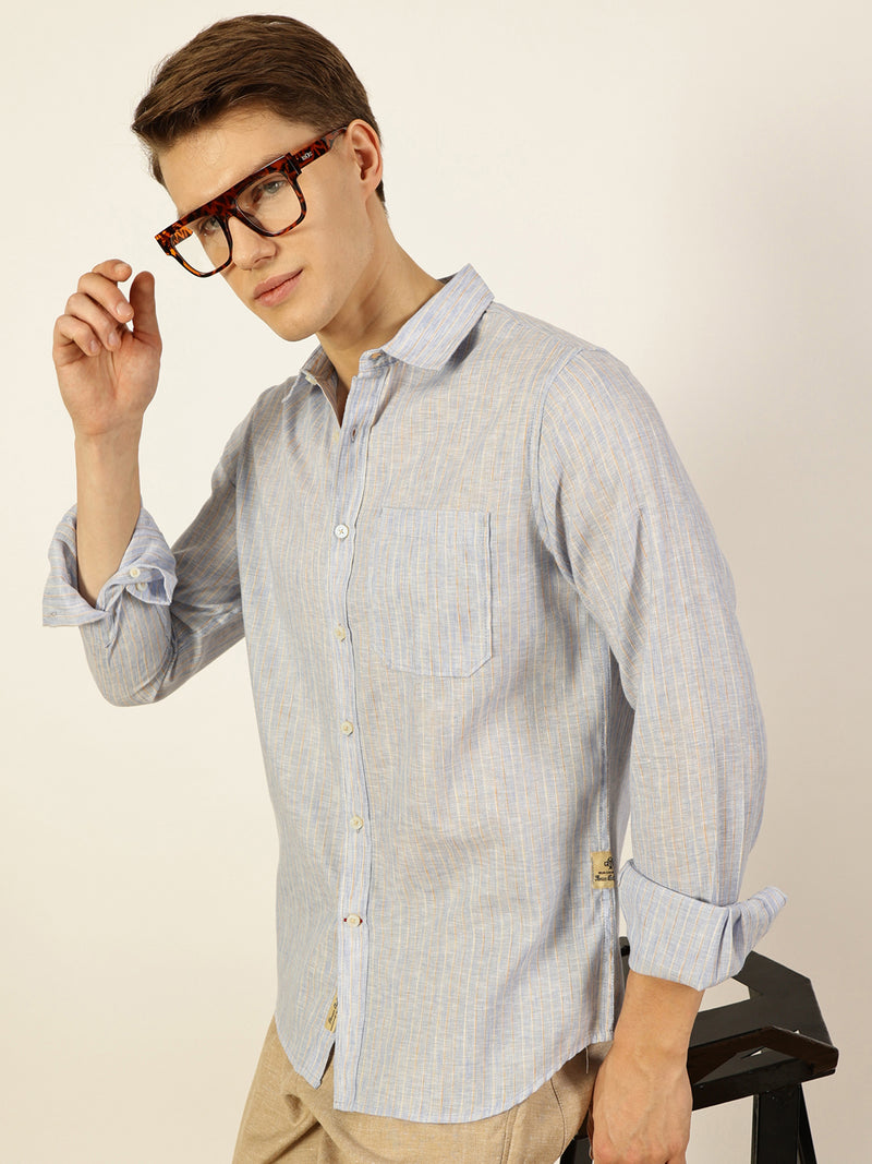 Thomas Scott Men Sky Blue Premium Striped Linen Slim Fit Casual Shirt