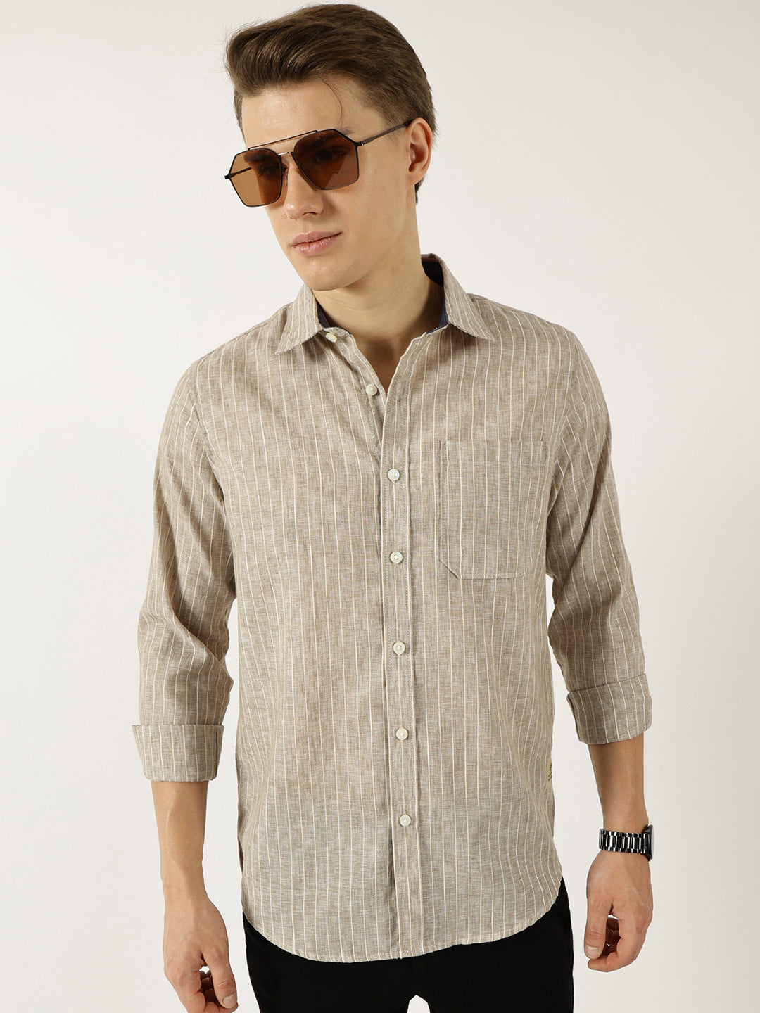 Thomas Scott Men Khaki Classic Slim Fit Opaque Striped Casual Shirt